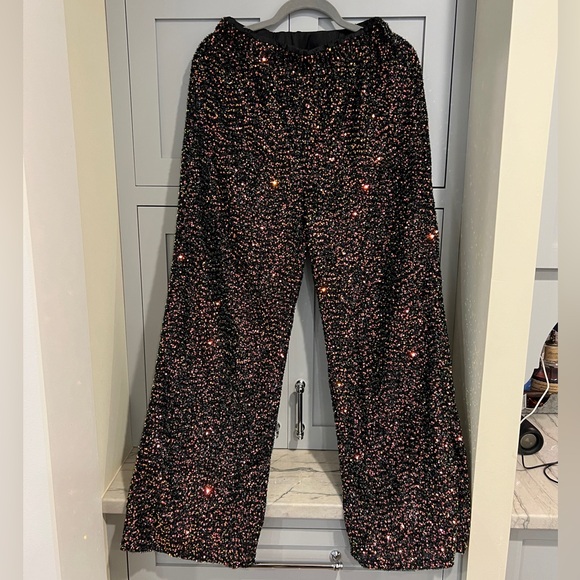 Women’s elastic waist sequin pants. Black with rose gold sequins. Lined. L 8/10. - Picture 1 of 3